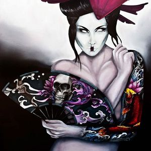 Beautiful geisha with full japanese koi sleeve. Painting by Martin Darkside. #MartinDarkside #prettypieceofflesh #darkart #tattoedartist #UKpainter #pinupgirls #horror #oilpainting #bradford #japanese #geisha #koi