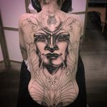 Work in progress tattoo by Vale Lovette #ValeLovette #portrait #coverup #wip #face #blackandgrey #Artnouveau #pattern #pearls #ladyhead #backpiece