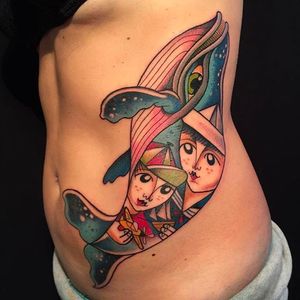 Sailor Kids and Blue Whale Large piece Tattoo by Maio Quagliotti @Luca_Maio_Quagliotti #MaioQuagliottiTattoo #MaioTattoo #Neotraditional #DontPanicTattoo #SailorTattoo #BlueWhale #Whaletattoo #Italy