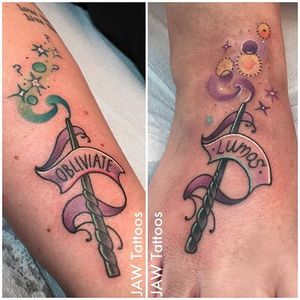 WandHarry Potter tattoo by Jessica White. #JessicaWhite #jawtattoos #neotraditional #harrypotter #hp #book #movie #wand #spell