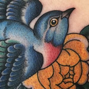 Details by Becca Genné-Bacon #BeccaGenneBacon #color #bird #flower #traditional #tattoooftheday