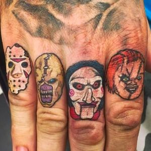 Horror characters finger tattoos by Allan Graves #AllanGraves #haunted #horror #halloween #horrorportait #saw #chuckie