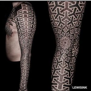 Sleeve by Lewis Ink. (via IG - lewisink) #geometric #blackwork #pointillism #dotwork #sleeve #lewisink