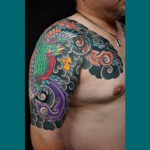 Japanese style phoenix half sleeve tattoo by HIRO. #hiro #japanesetattoo #phoenix #traditional #tattoo