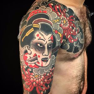 Namakubi by Kikupunk #Kikupunk #kiku #Namakubi #severedhead #Japanese #Japanesetraditional #color #chrysanthemum #blood #knife #clouds #smoke #geisha #horror #tattoooftheday