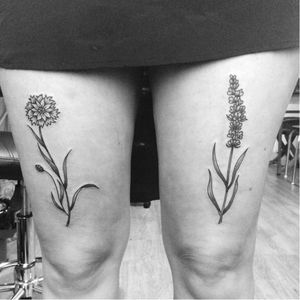 Matching tattoo by Armelle Stb #ArmelleStb #flower #floral #blackwork #blckwrk #engraving #lavender #matchingtattoos #pairtattoo