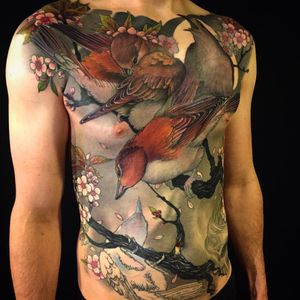 Tattoo by Jeff Gogue #JeffGogue #selftaughttattooartists #realism #realistic #birds #feathers #wings #nature #branches #tree #cherryblossoms #flowers #floral
