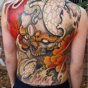 A badass back-piece in progress by Quang Sta (IG—quan9sta). #Irezumiinspired #largescale #neoJapanese #peonies #QuangSta #snake #Tibetanskull