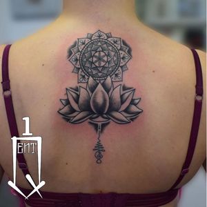 A mandala and lotus atop an Unalome by Quentin (IG—artist.ink_quentin). #blackwork #ornamental #Quentin #Unalome