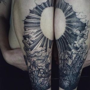 Tattoo by Noel'le Longhaul #NoelleLonghaul #linework #blackwork #dotwork #illustrative #nature #landscape #etching #cattails #sun #light #clouds