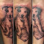 Black and grey Jack Russell tattoo by Andrey Bladimir. #realism #blackandgrey #petportrait #dog #JackRussell #AndreyBladimir