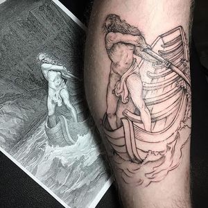 Charon (ferryman of Hades) tattoo by Lesya Kovalchuk. #LesyaKovalchuk #blackwork #mythology #hades #ferryman #greek