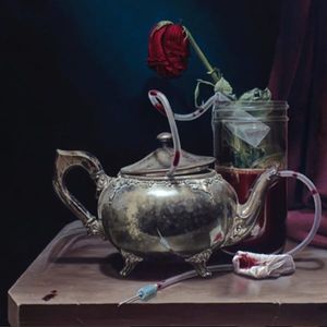 The reflection on the teapot in this painting by Nick Baxter is mind-blowing (IG—burningxhope). #artshow #BloodRituals #fineare #gallery #NickBaxter #paintings #RitualMagic #SacredTattooNYC