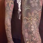 Amazing sleeve tattoo by Curly Moore #curlytattoo #linework #freehand #blastover #curlymoore