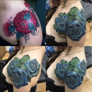 Crappy chrysanthemums are red and good roses are blue in this cover-up by Kevin Breno (IG—kevin_breno_tattoo). #coverup #KevinBreno #neotraditional #roses