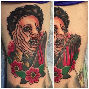 Traditional Leatherface Tattoo by Jesse Gray @Jessegray_art #traditional #traditionaltattoo #Leatherface #Leatherfacetattoo #TexasChainsawMassacre #serialkiller #horror #thriller #darktattoos #TheTexasChainsawMassacre #JesseGray