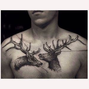 Deer tattoo by Frederico Rabelo #deer #stag #antlers #blackwork #FredericoRabelo #chestpiece