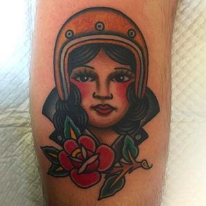 Helmet girl with classic rose. Beautiful tattoo by Jaclyn Rehe.#JaclynRehe #ChapelTattoo #traditional #girl #girlhead #girlsgirlsgirls #helmet #rose