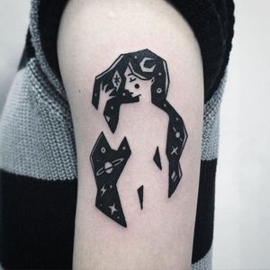 Cosmic woman tattoo by Greem. #southkorean #blackwork #edged #geometric #Greem #cosmos