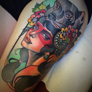 Animal Cowl Tattoo by @karigrattattoo #animalcowl #woman #cowl #lady #color #flower #nature #cowltattoo #neotraditional