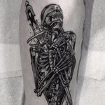 To Die For You by Neil Dransfield #NeilDransfield #blackandgrey #whiteink #neotraditional #skeleton #skull #bones #death #sword #blindfold #tattoooftheday