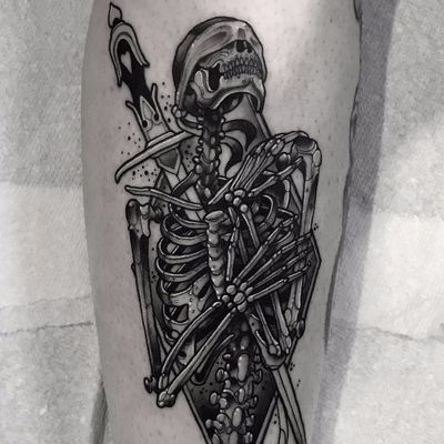 To Die For You by Neil Dransfield #NeilDransfield #blackandgrey #whiteink #neotraditional #skeleton #skull #bones #death #sword #blindfold #tattoooftheday