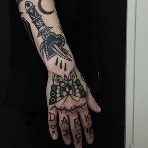 Tattoo uploaded by Joe • Forearm gear. (via IG - wastedhappyyouth)  #traditional #blacktraditional #blacktattoo #lucaswagner #butterfly •  Tattoodo