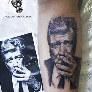 Classic smoking portrait, David Lynch tattoo by Morgan Soto. #MorganSoto #filmdirectorstattoo #DavidLynch #davidlynchtattoo