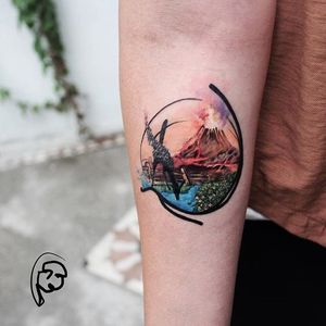 Volcano tattoo by Tayfun Bezgin. #TayfunBezgin #volcano #landscape #circle #nature #contemporary #beautiful #modern