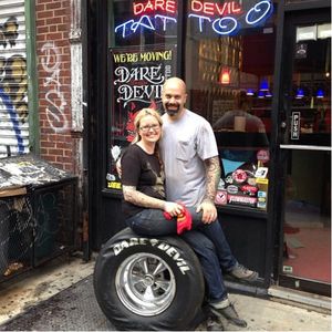 Michelle outside Daredevil Tattoo #MichelleMyles #tattooartist #women #daredeviltattoo #nyc