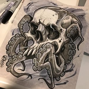 An octopus with a skull for a head by Dave Tevenal (IG—davetattoos). #artshare #blackandgrey #DaveTrevenal #drawings #fineart #illustrations #octopus #skull