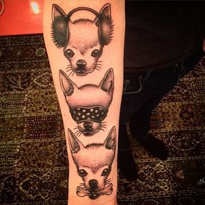 These chihuahua's hear no, see no, and speak no evil. Tattoo by @nillesalvation. #chihuahua #dog #seenoevil #speaknoevil #hearnoevil #blackandgrey #nillesalvation