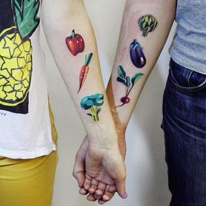 Matching veggie tattoos by Sasha Unisex #SashaUnisex #foodtattoos #color #abstract #cubist #vegetable #pepper #carrot #broccoli #artichoke #eggplant #beet #radish #watercolor #tattoooftheday