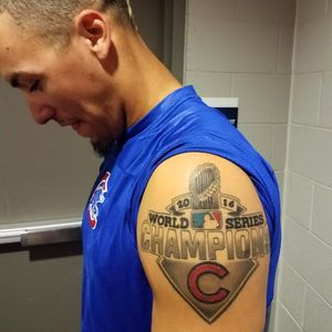 Javier Baez rocking a tattoo that couldn't have existed for the last 108 years. (Photo via Twitter - CarrieMuskat) #cubs #sports
