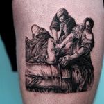 Judith Slaying Holofernes by Artemisia Gentileschi. Tattoo by Oozy #Oozy #favoritetattoo #blackandgrey #redink #illustrative #etching #engraving #Judith #beheading #sword #murder #death #lady #badass #painting #fineart