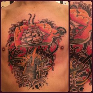 Ship In A Bottle Tattoo by Davide Andreoli #ship #maritime #octopus #bottle #traditional #oldschool #classic #traditionalartist #DavideAndreoli