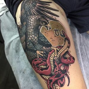 Eagle versus cobra. Tattoo by Cree McCahill. #bird #reptile #cobra #eagle #neotraditional #CreeMcCahill