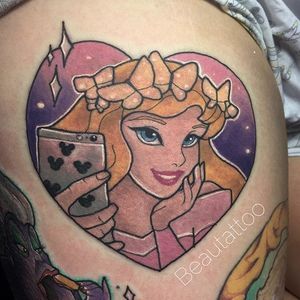 “Sleeping Beauty” tattoo by Beau Redman. #BeauRedman #popculture #Disney #childhood #film #sleepingbeauty #aurora #disneyprincess #spin #twist #selfie #snapchat