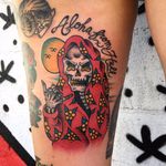 Aloha from Hell by Uno Maser #unomaser #traditional #color #flowers #devil #hell #skeleton #reaper #grimreaper #sun #clouds #hawaii #aloha #text #tattoooftheday