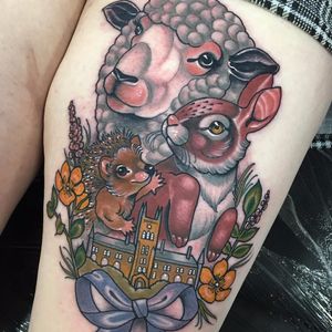 Friends by Sadee Glover #SadeeGlover #color #neotraditional #sheep #bunny #rabbit #hedgehog #animals #nature #house #castle #building #flowers #bow #landscape #tattoooftheday