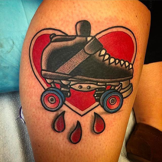black and grey roller skate tattoo by Galen Luker TattooNOW