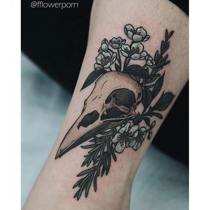 Garden-inspired tattoo by Olga Nekrasova. #OlgaNekrasova #flower #garden #plant #neotraditional #animalskull