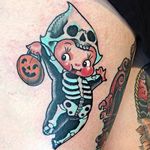 Skeleton Kewpie tattoo by Stacey Martin. #StaceyMartin #skeleton #kewpie #cute #doll #baby #adorable
