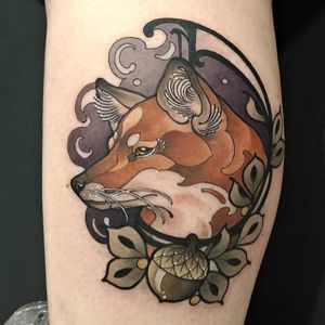 Fox tattoo by Charly Chou #CharlyChou #charlytattoo #ArtNouveautattoo #color #neotraditional #ornamental #filigree #fox #animal #acorn #leaves #nature