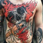 Chest tattoo by Max Rathbone #MaxRathbone #skull #dagger #fire