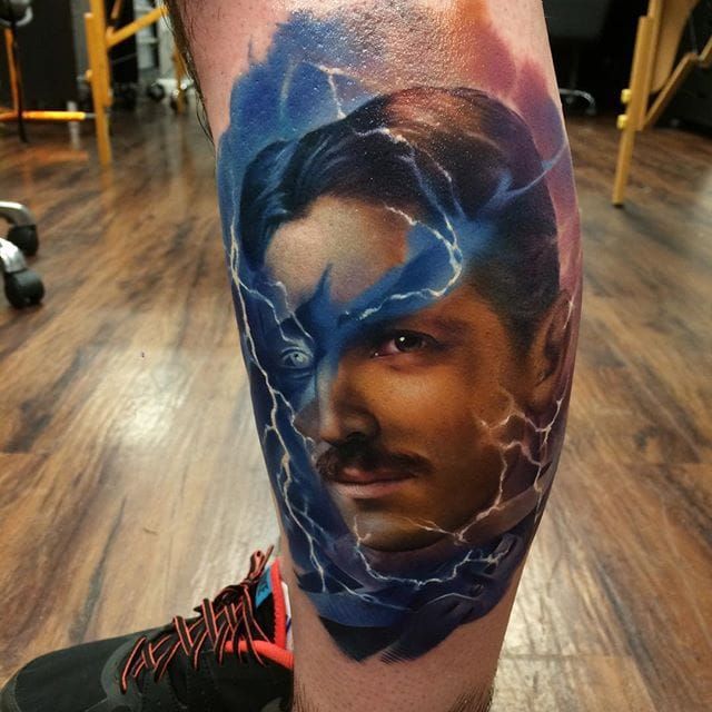 Retrato de Nikola Tesla.  Tatuaje de Kyle Cotterman.  #realismo #colorrealismo #KyleCotterman #retrato #NikolaTesla