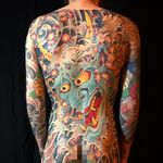 Hannya back piece tattoo by Stewart Robson #StewartRobson #Japanesetattoos #color #irezumi #hannya #hannyamask #mask #oni #yokai #demon #ghost #waves #cherryblossoms #clouds #tattoooftheday