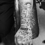 Road trip tattoo by Sean From Texas #SeanFromTexas #cartattoos #blackwork #linework #fineline #car #roadtrip #skull #death #fire #blood #hearts #love #rainbow #clouds #cactus #roadkill #tattoooftheday