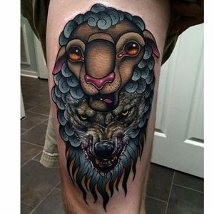 Wolf In Sheep's Clothing Tattoo by John Barrett #wolfinsheepsclothing #wolf #sheep #neotraditional #JohnBarrett