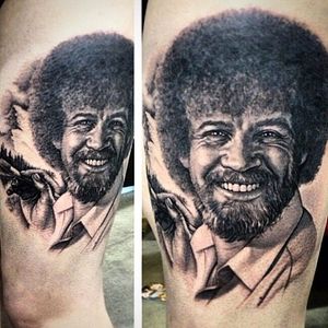 Bob Ross tattoo by Steve Wimmer #bobross #bobrosstattoo #bobrosstattoos #funtattoos #bobrossink #bobrossart #artist #art #artistattoo #SteveWimmer